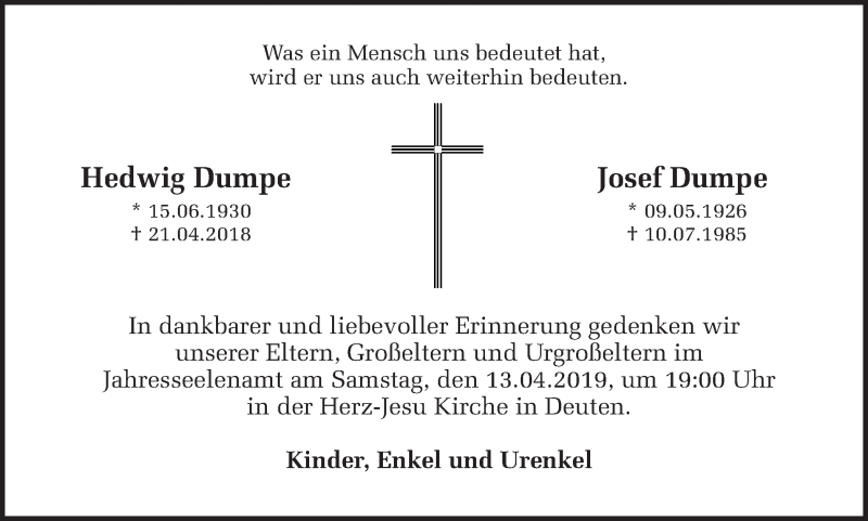  Traueranzeige für Hedwig Dumpe vom 10.04.2019 aus Ruhr Nachrichten und Dorstener Zeitung