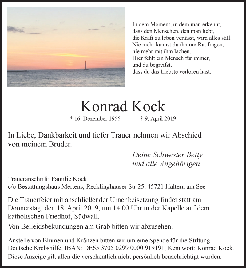  Traueranzeige für Konrad Kock vom 12.04.2019 aus Ruhr Nachrichten und Halterner Zeitung