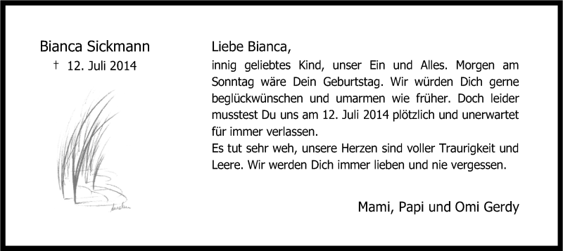  Traueranzeige für Bianca Sickmann vom 17.01.2015 aus Ruhr Nachrichten
