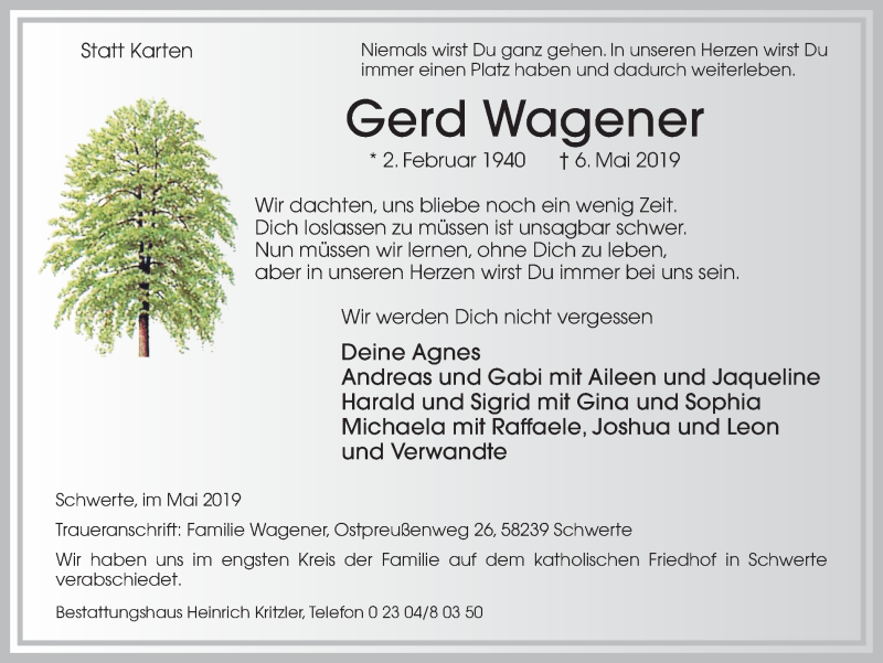  Traueranzeige für Gerd Wagener vom 11.05.2019 aus Ruhr Nachrichten