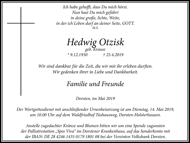  Traueranzeige für Hedwig Otzisk vom 11.05.2019 aus Ruhr Nachrichten und Dorstener Zeitung