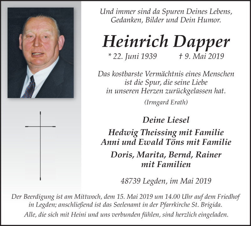  Traueranzeige für Heinrich Dapper vom 11.05.2019 aus Münstersche Zeitung und Münsterland Zeitung