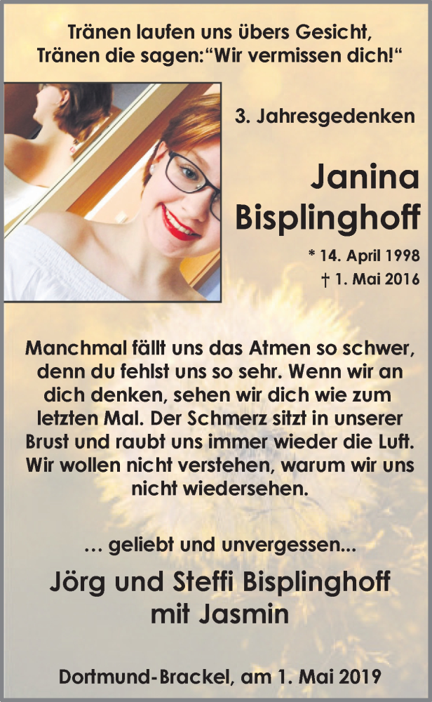  Traueranzeige für Janina Bisplinghoff vom 01.05.2019 aus Ruhr Nachrichten
