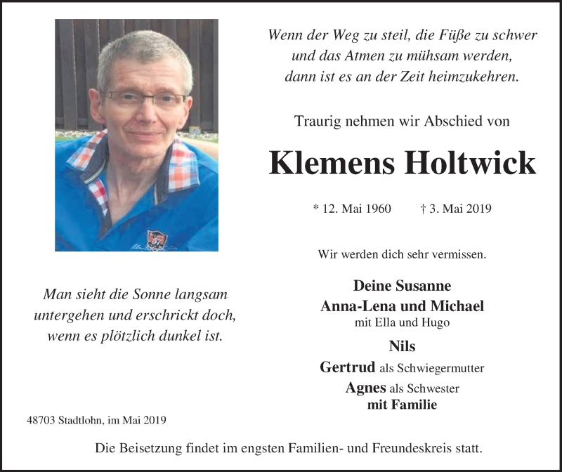  Traueranzeige für Klemens Holtwick vom 15.05.2019 aus Münstersche Zeitung und Münsterland Zeitung