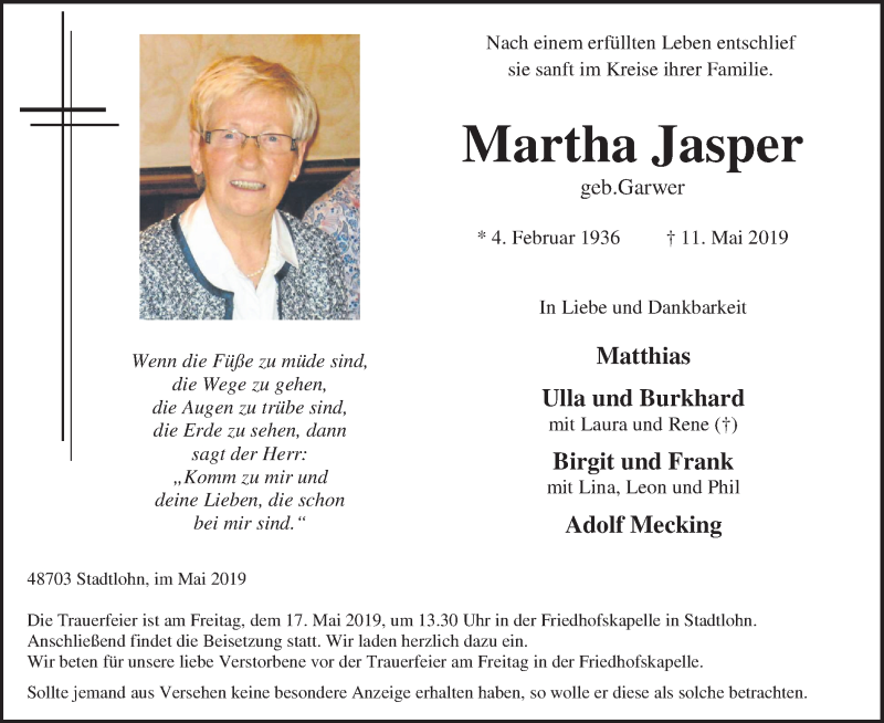  Traueranzeige für Martha Jasper vom 15.05.2019 aus Münstersche Zeitung und Münsterland Zeitung