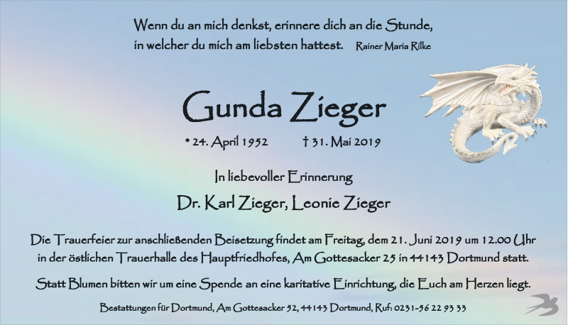  Traueranzeige für Gunda Zieger vom 08.06.2019 aus Ruhr Nachrichten
