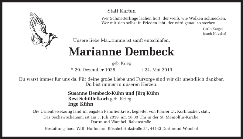  Traueranzeige für Marianne Dembeck vom 08.06.2019 aus Ruhr Nachrichten