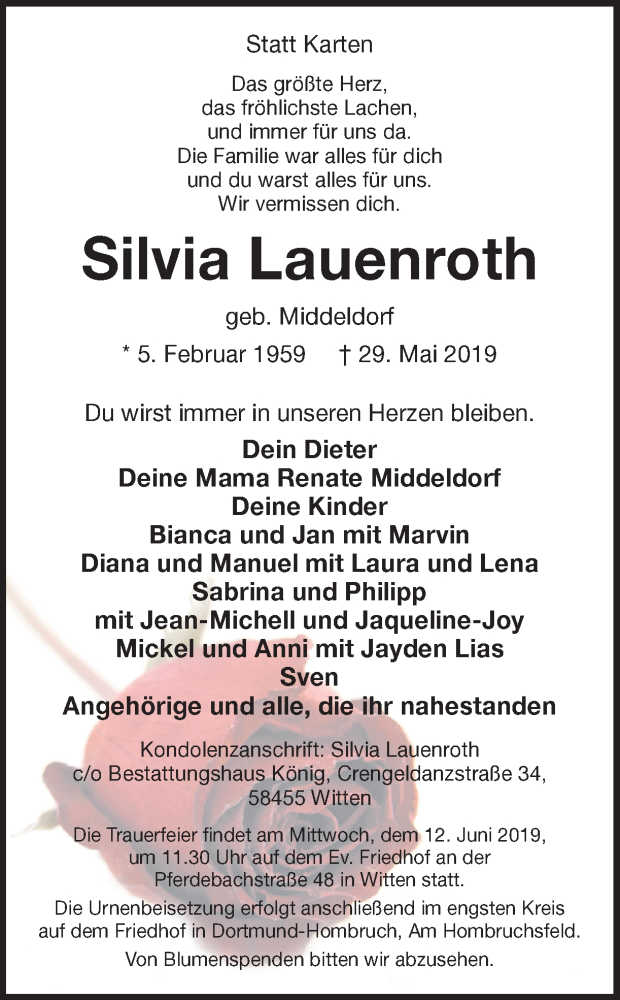  Traueranzeige für Silvia Lauenroth vom 05.06.2019 aus Ruhr Nachrichten
