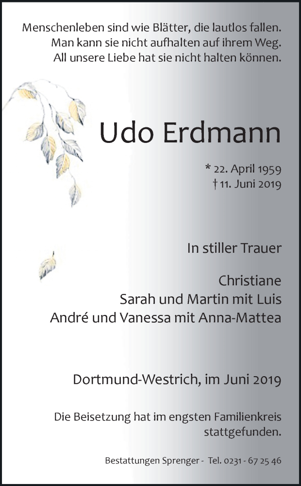 Traueranzeige für Udo Erdmann vom 22.06.2019 aus Ruhr Nachrichten