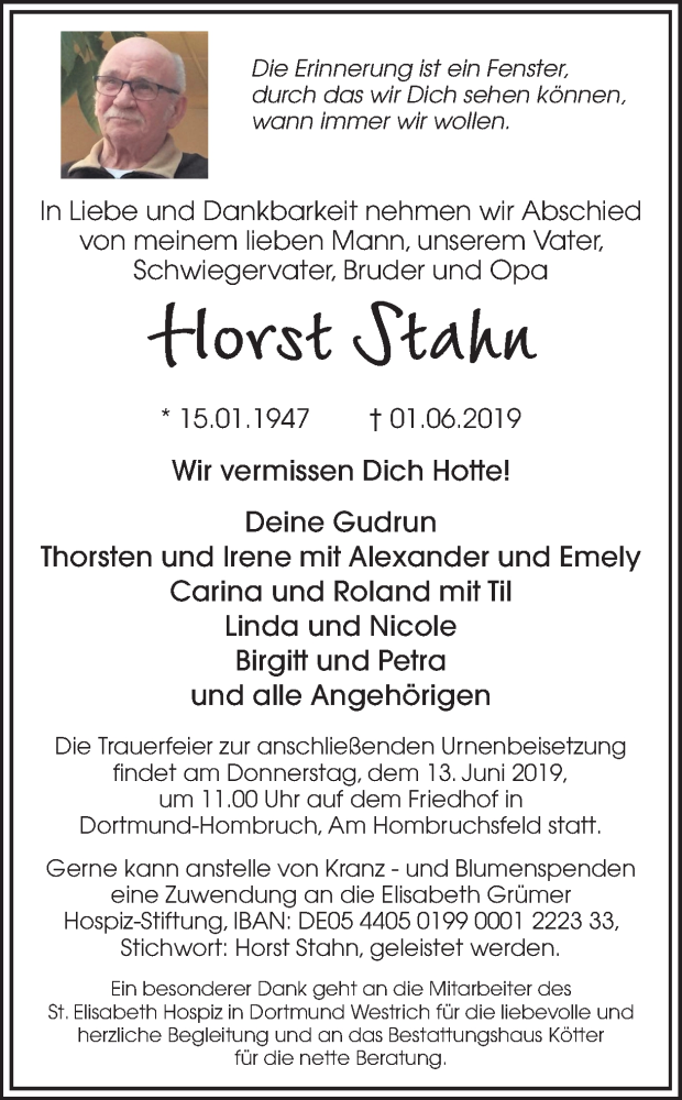  Traueranzeige für Horst Stahn vom 08.06.2019 aus Ruhr Nachrichten