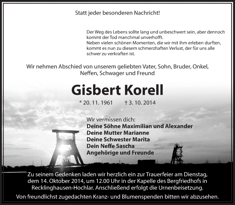  Traueranzeige für Gisbert Korell vom 11.10.2014 aus Medienhaus Bauer