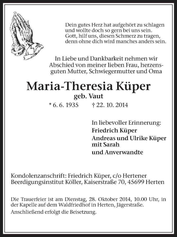  Traueranzeige für Maria-Theresia Küper vom 25.10.2014 aus Medienhaus Bauer