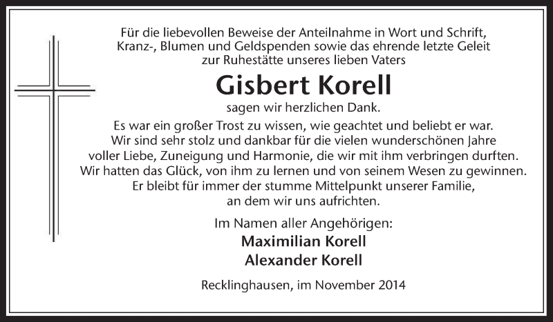  Traueranzeige für Gisbert Korell vom 22.11.2014 aus Medienhaus Bauer