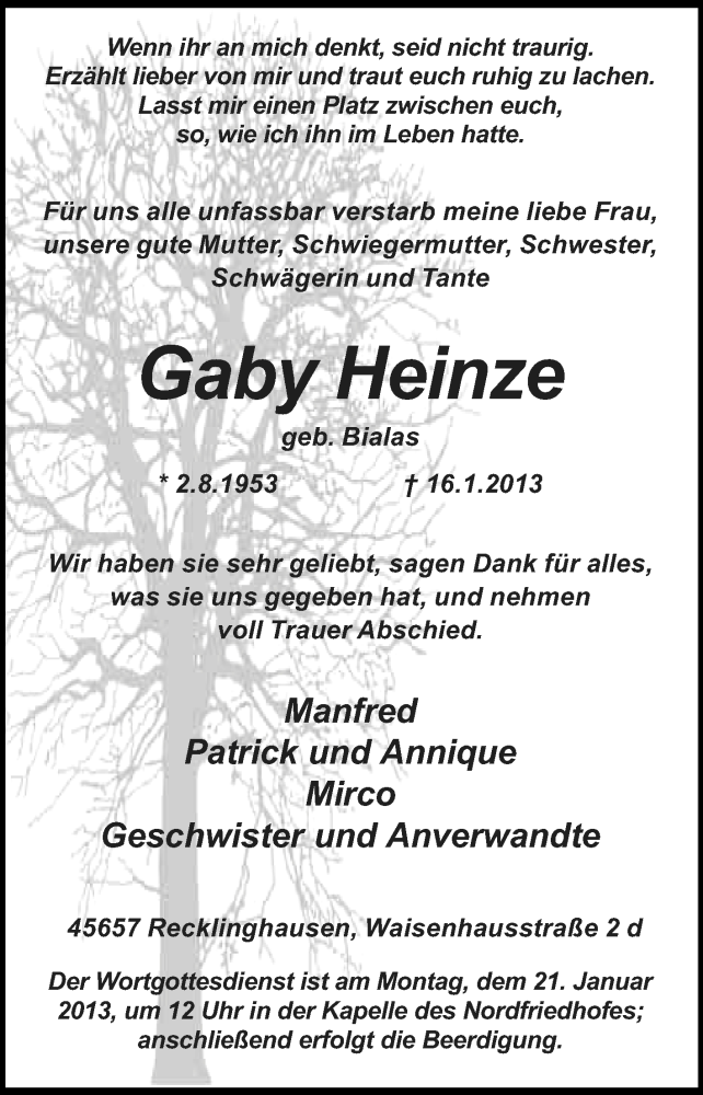 Traueranzeigen Von Gaby Heinze Sich Erinnern De