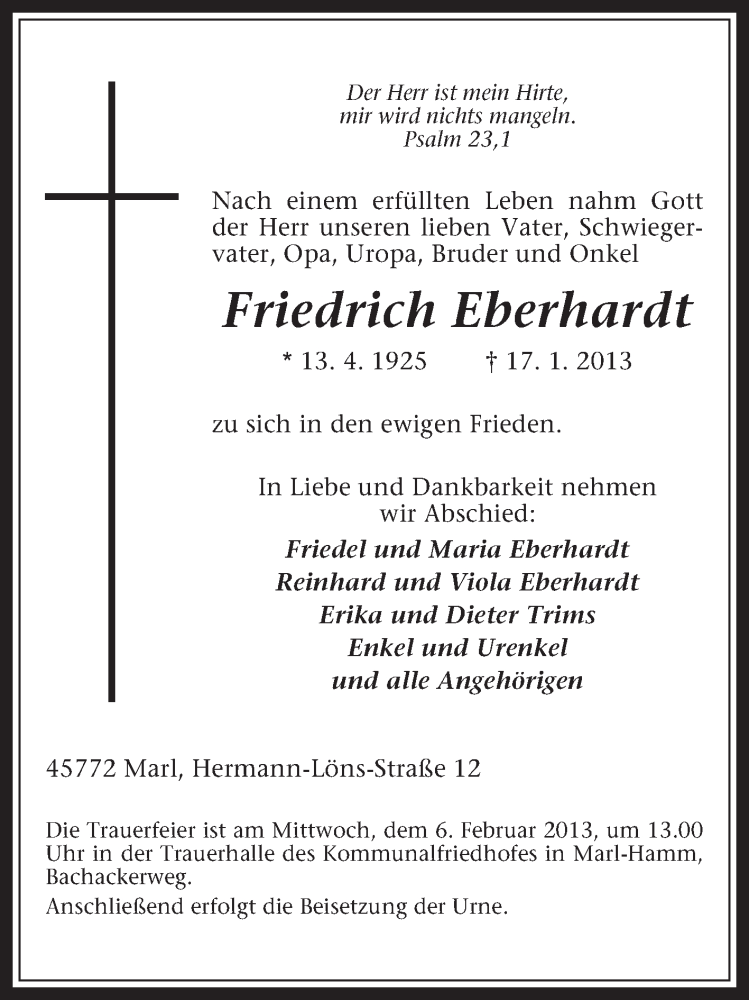 Traueranzeigen Von Friedrich Eberhardt Sich Erinnern De