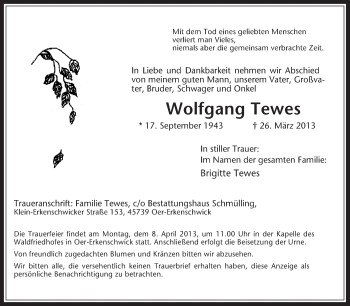 Traueranzeigen Von Wolfgang Tewes Sich Erinnern De