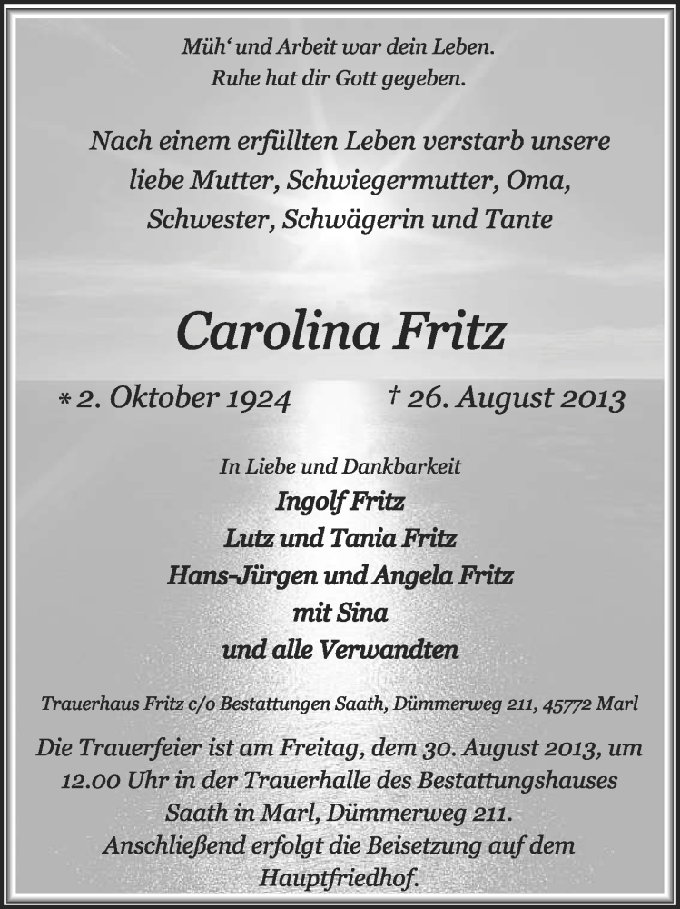 Traueranzeige für Carolina Fritz vom 28.08.2013 aus Medienhaus Bauer