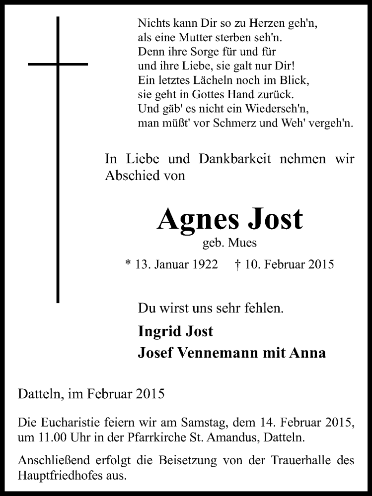 Traueranzeigen Von Agnes Jost Sich Erinnern De