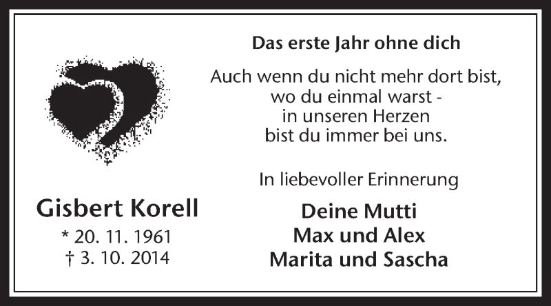  Traueranzeige für Gisbert Korell vom 03.10.2015 aus Medienhaus Bauer