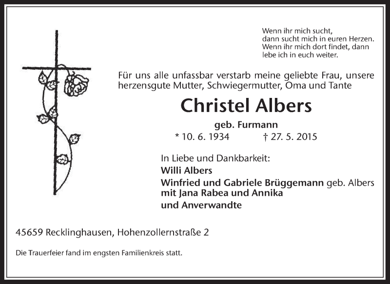 Traueranzeigen Von Christel Albers Sich Erinnern De