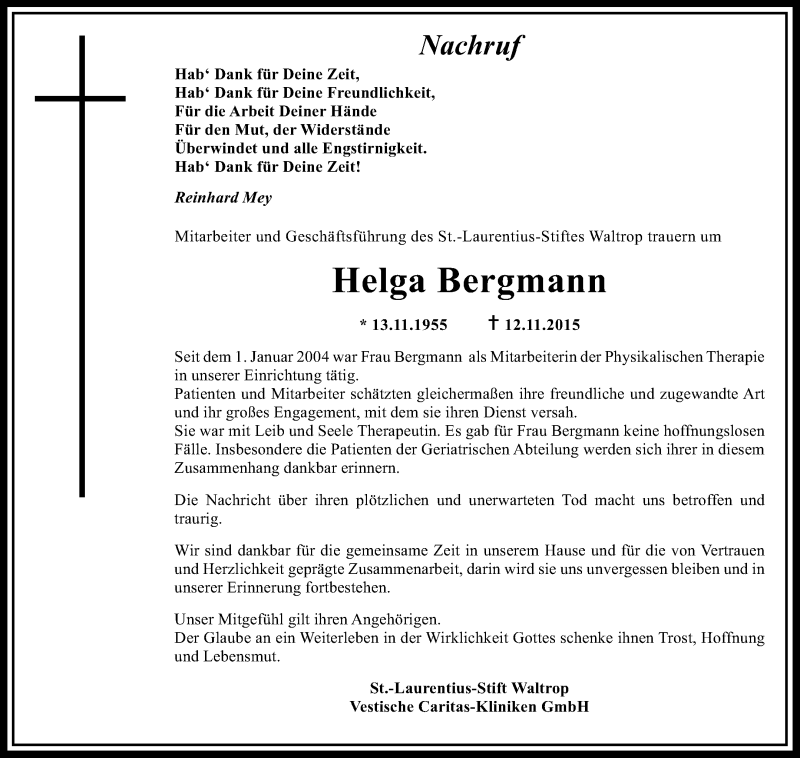 Traueranzeigen Von Helga Bergmann Sich Erinnern De