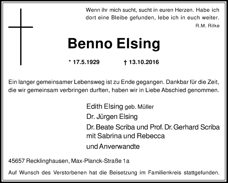 Traueranzeigen Von Benno Elsing Sich Erinnern De