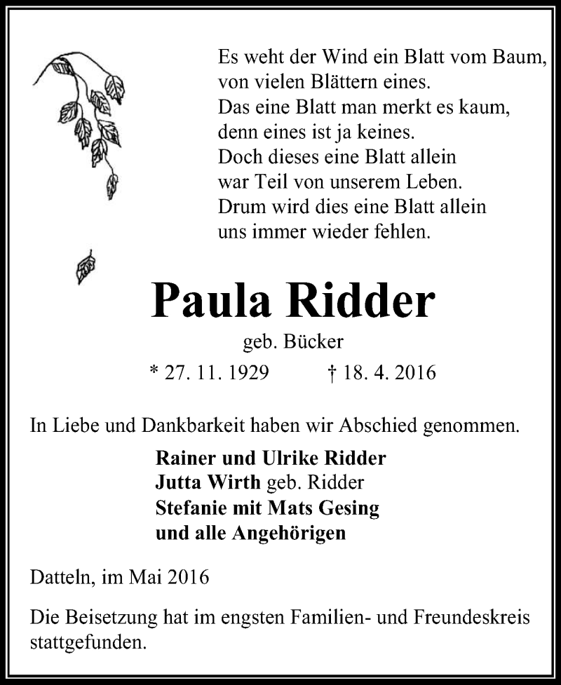 Traueranzeigen Von Paula Ridder Sich Erinnern De