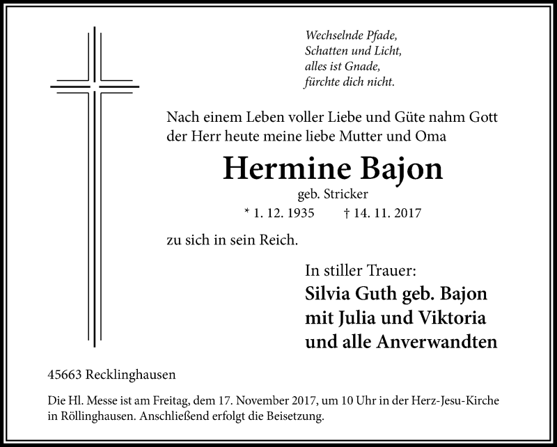 Traueranzeigen Von Hermine Bajon Sich Erinnern De