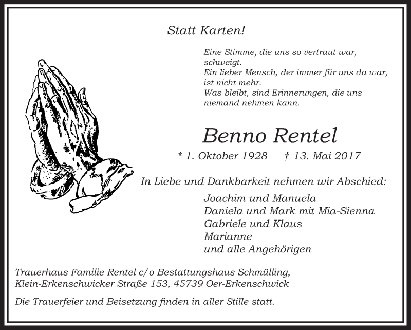 Traueranzeigen Von Benno Rentel Sich Erinnern De