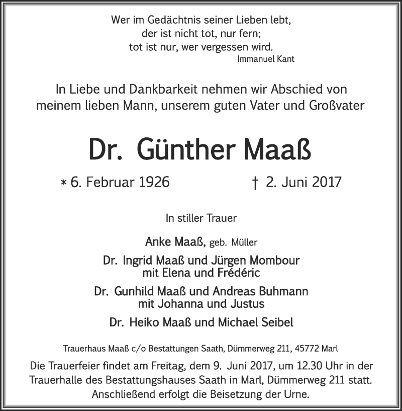 Traueranzeigen von Günther Maaß sich erinnern de