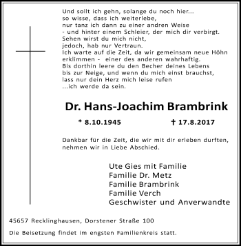 Traueranzeigen Von Hans Joachim Brambrink Sich Erinnern De