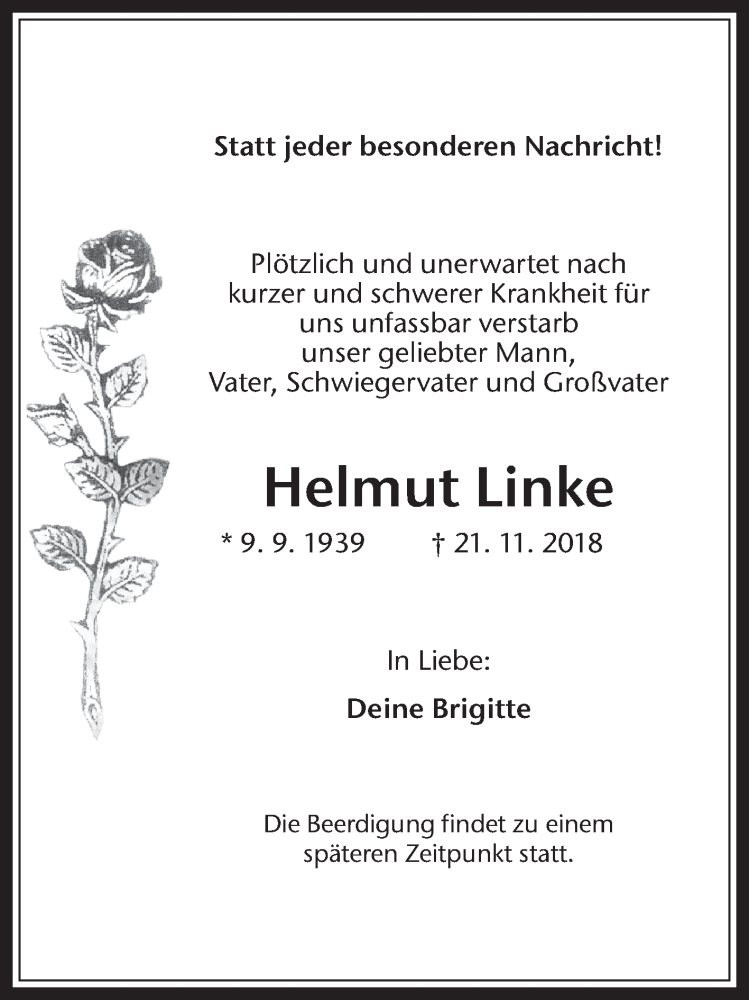  Traueranzeige für Helmut Linke vom 28.11.2018 aus Medienhaus Bauer