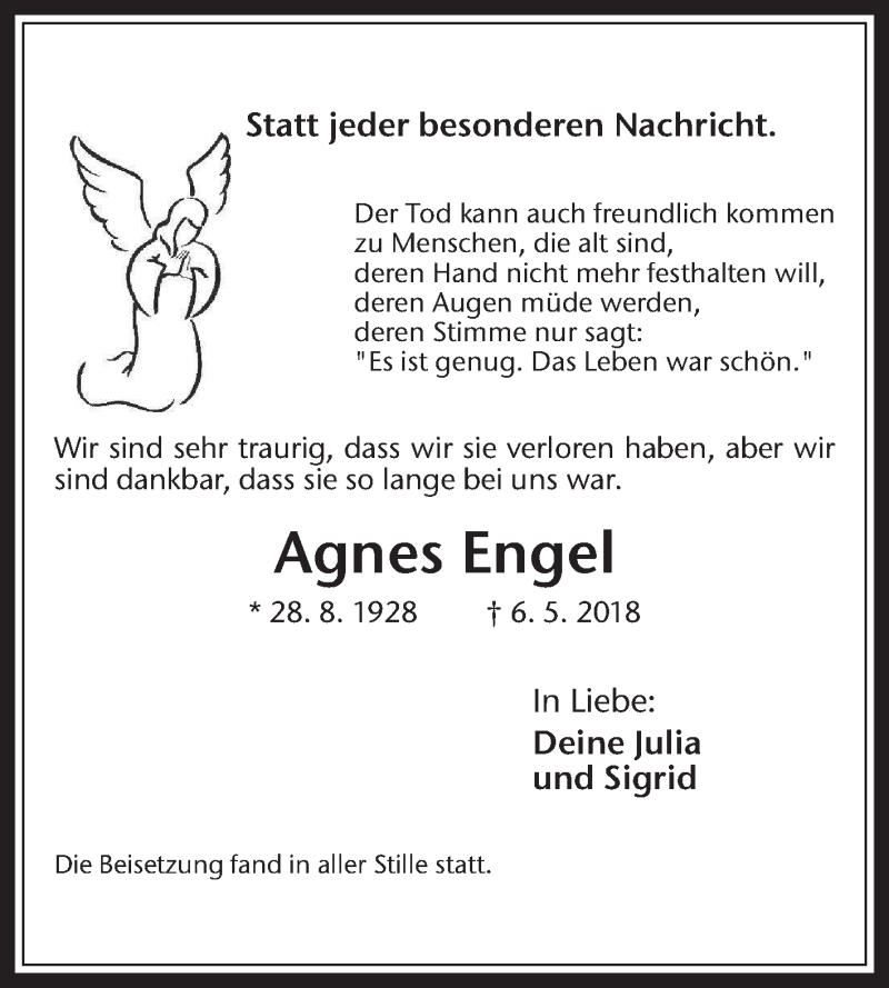 Traueranzeigen Von Agnes Engel Sich Erinnern De