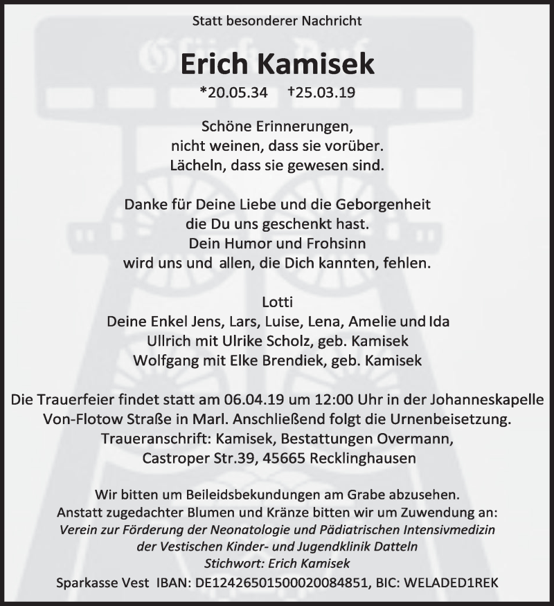  Traueranzeige für Erich Kamisek vom 30.03.2019 aus Medienhaus Bauer