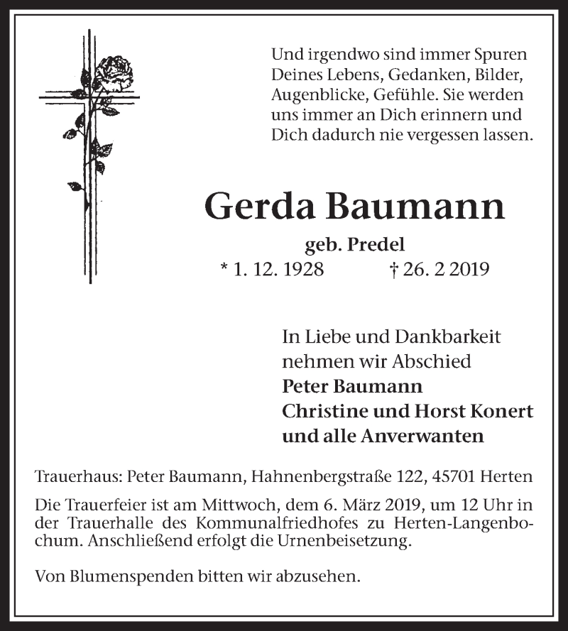 Traueranzeigen Von Gerda Baumann Sich Erinnern De