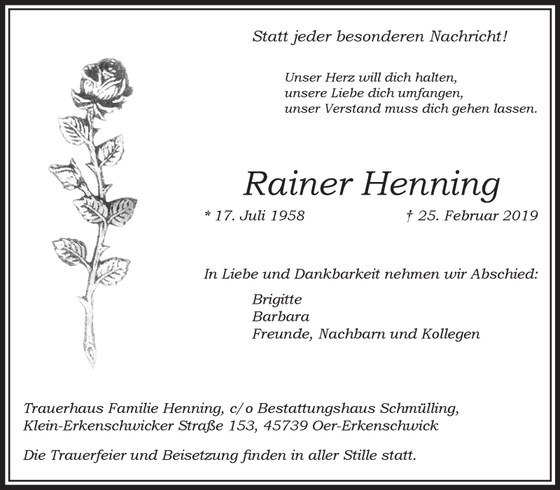 Traueranzeigen Von Rainer Henning Sich Erinnern De