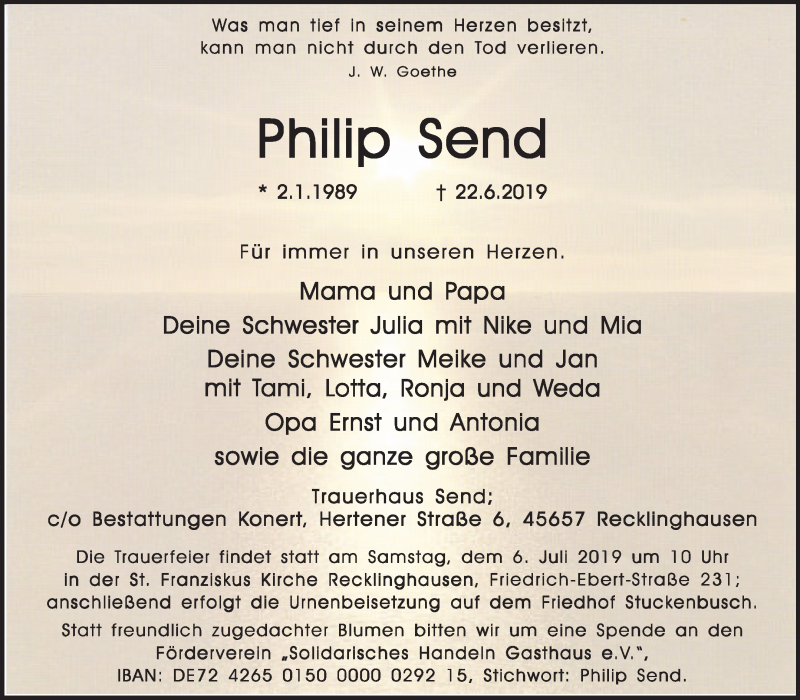 Traueranzeige für Philip Send vom 29.06.2019 aus Medienhaus Bauer