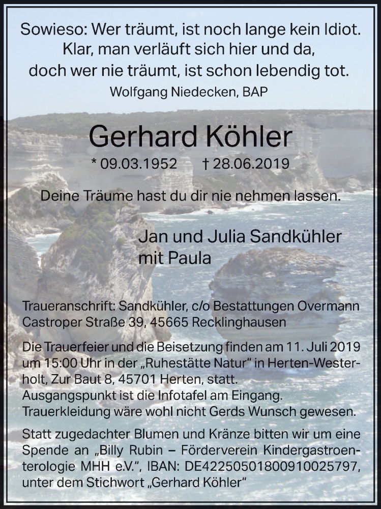 Traueranzeigen Von Gerhard K Hler Sich Erinnern De