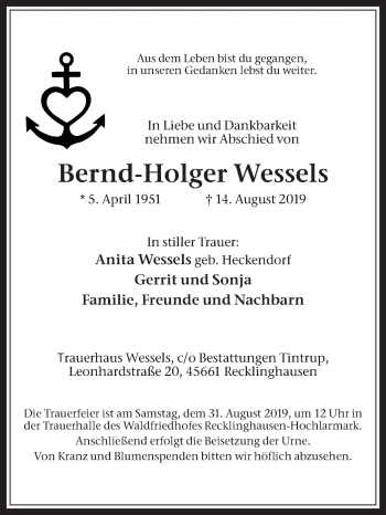 Traueranzeigen Von Bernd Holger Wessels Sich Erinnern De