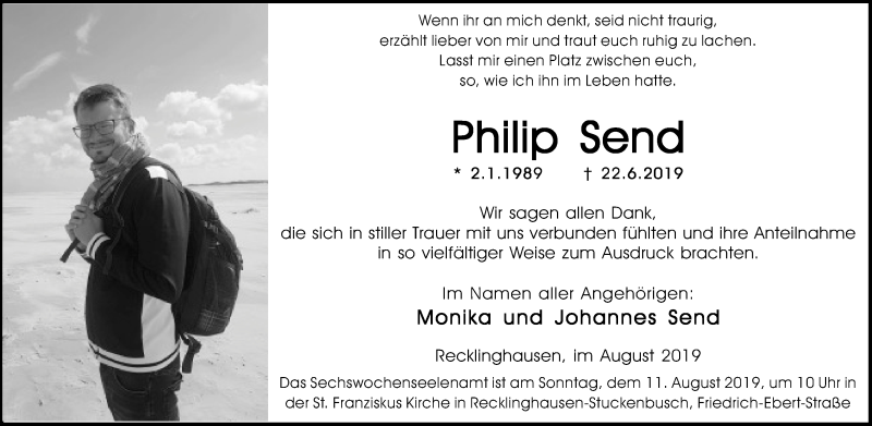  Traueranzeige für Philip Send vom 03.08.2019 aus Medienhaus Bauer