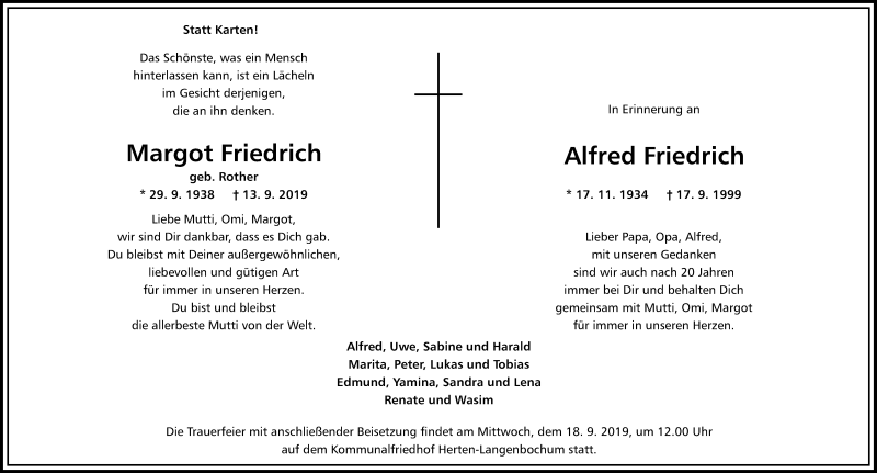  Traueranzeige für Margot und Alfred Friedrich vom 18.09.2019 aus Medienhaus Bauer