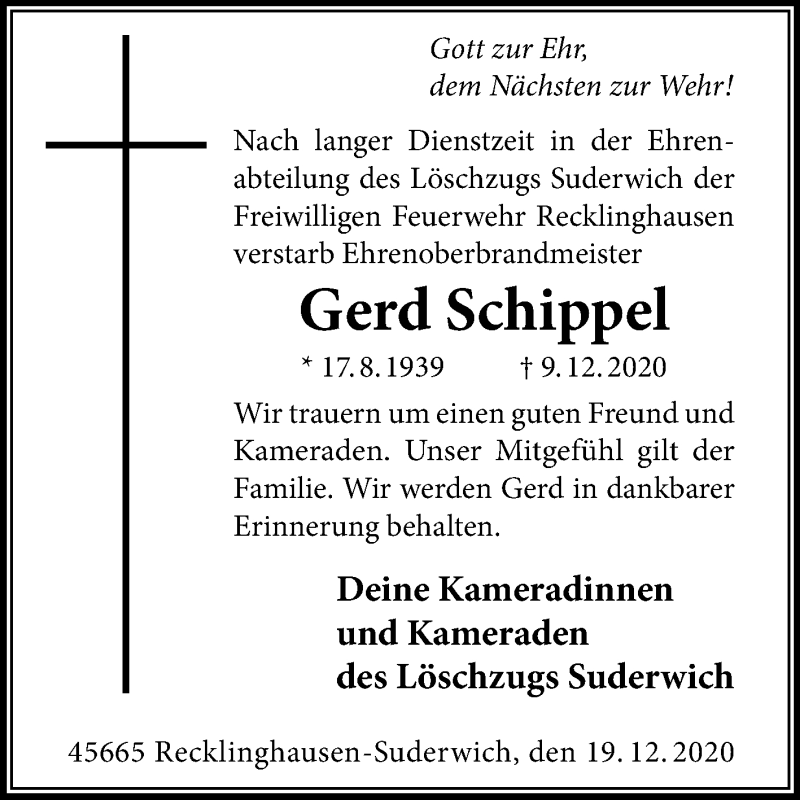  Traueranzeige für Gerd Schippel vom 19.12.2020 aus Medienhaus Bauer