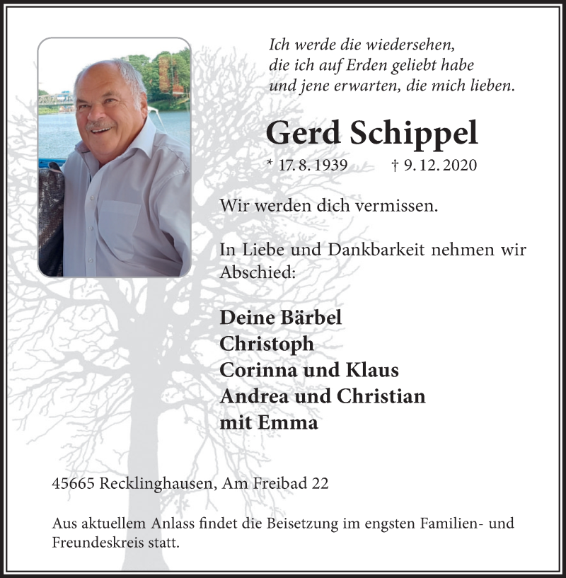  Traueranzeige für Gerd Schippel vom 12.12.2020 aus Medienhaus Bauer