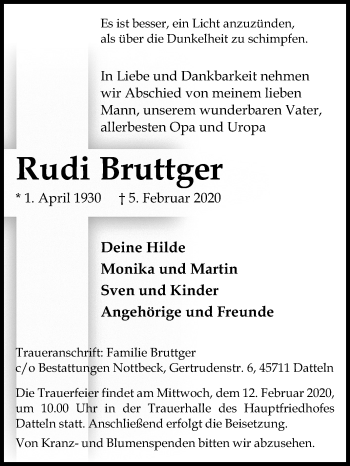 Traueranzeigen Von Rudi Bruttger Sich Erinnern De