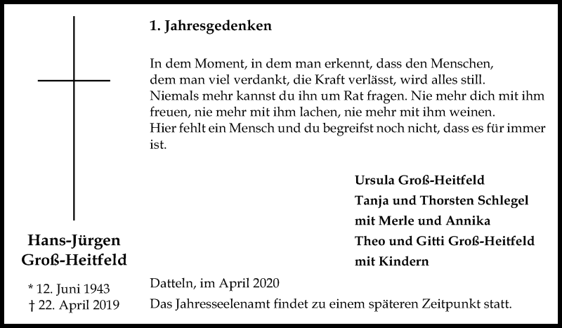 Traueranzeigen von Hans Jürgen Groß Heitfeld sich erinnern de