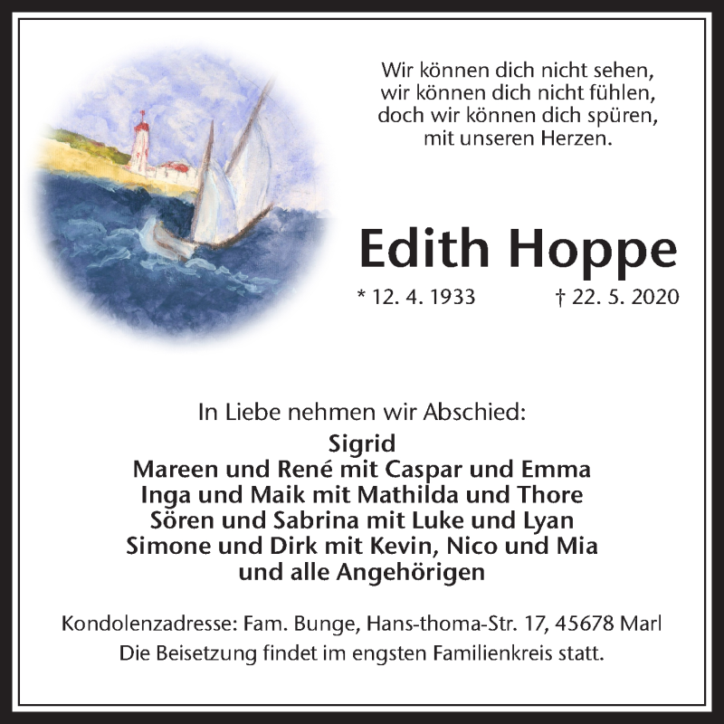 Traueranzeigen Von Edith Hoppe Sich Erinnern De