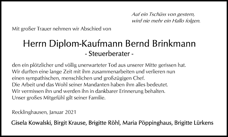 Traueranzeigen Von Bernd Brinkmann Sich Erinnern De