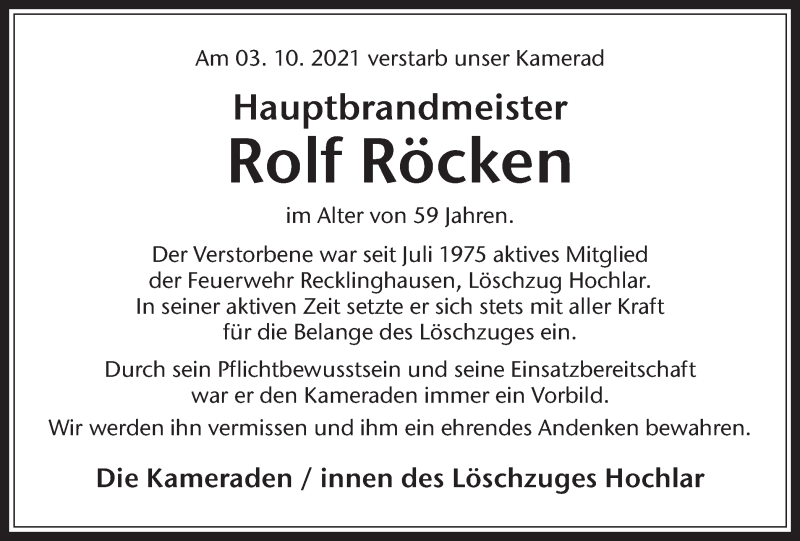  Traueranzeige für Rolf Röcken vom 15.10.2021 aus Medienhaus Bauer
