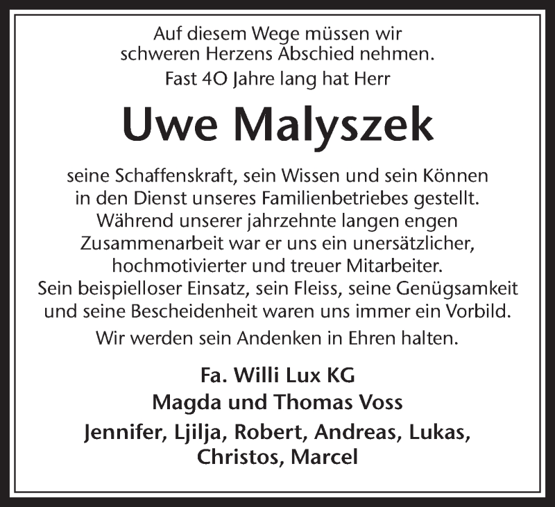  Traueranzeige für Uwe Malyszek vom 16.10.2021 aus Medienhaus Bauer