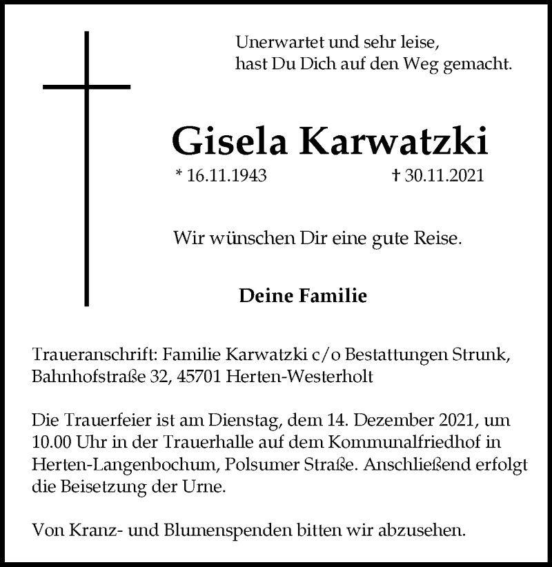  Traueranzeige für Gisela Karwatzki vom 11.12.2021 aus Medienhaus Bauer